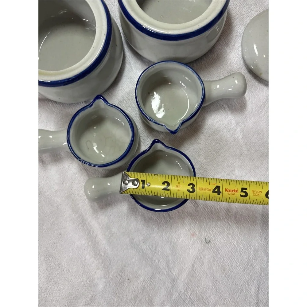 VTG Stoneware Crock French Onion Soup Cream & Blue‎ with Handle Six Pieces